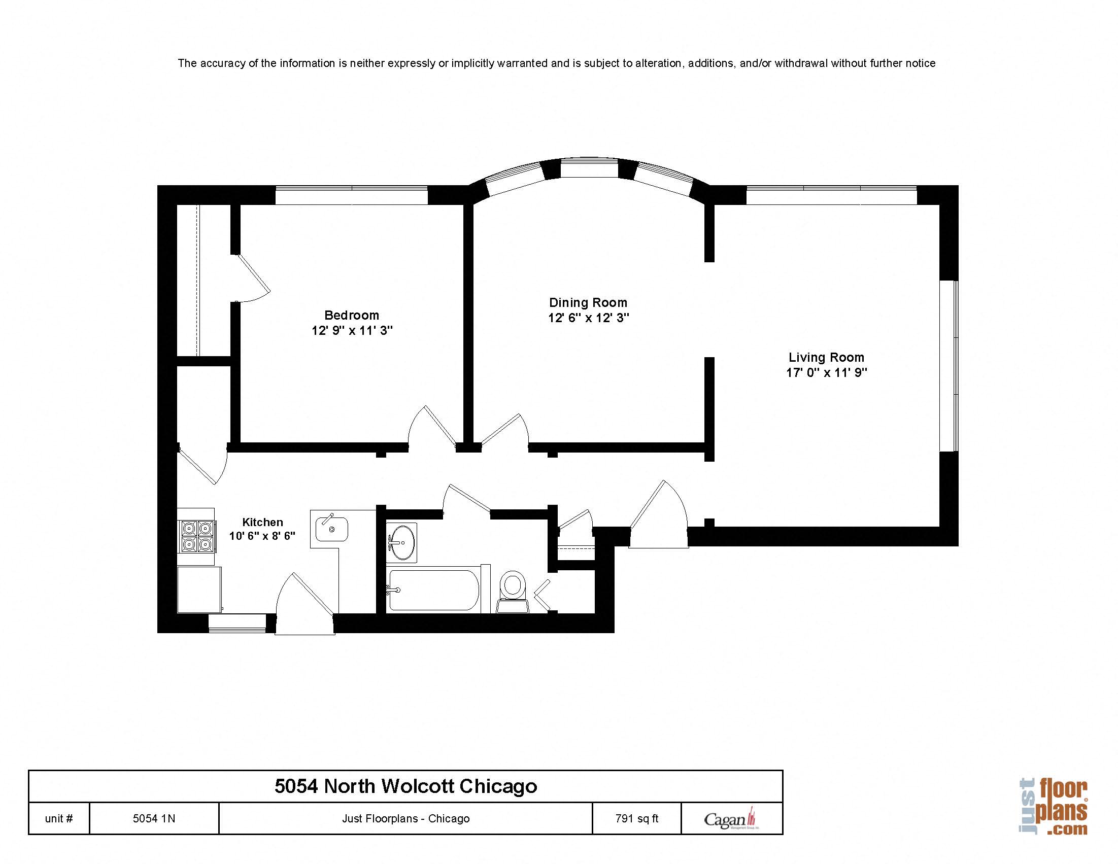 Floor plan for 1 bed, 1 bath, 604 sqft